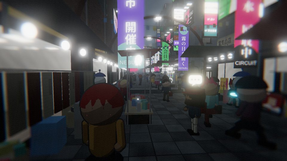 夜の商店街を歩く人たち