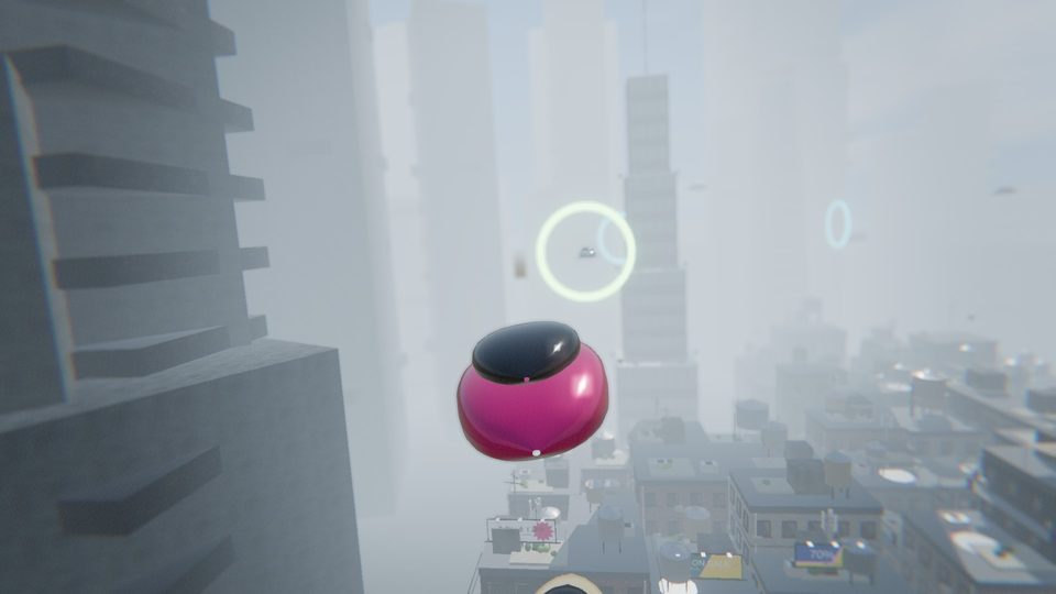空中のリングをくぐる浮上車