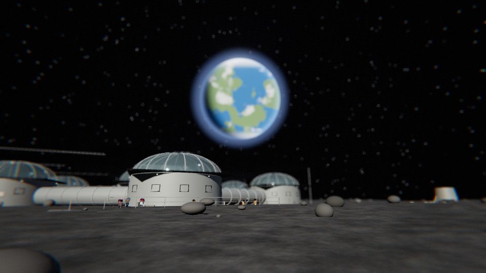 月面の居住区。正面の空に大きな地球