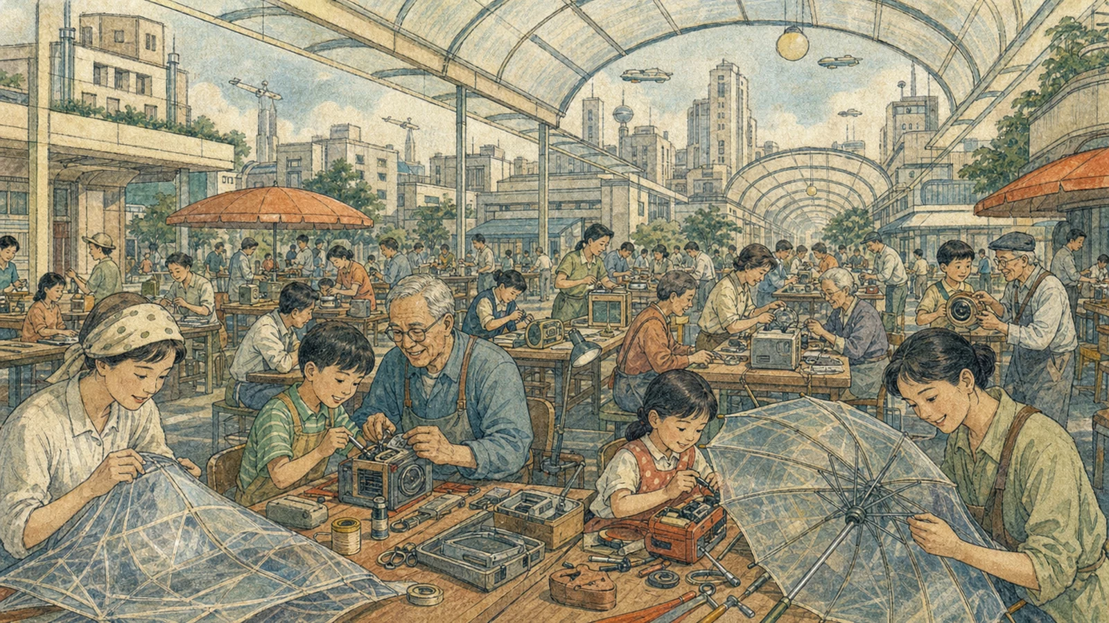 商店街の修理祭りの会場に並んだ、2020年代の分別を再現する12の箱