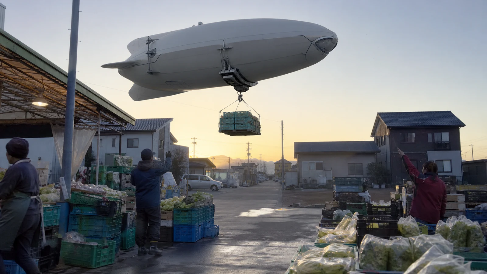 朝市の広場へ野菜の箱を降ろす貨物飛行船