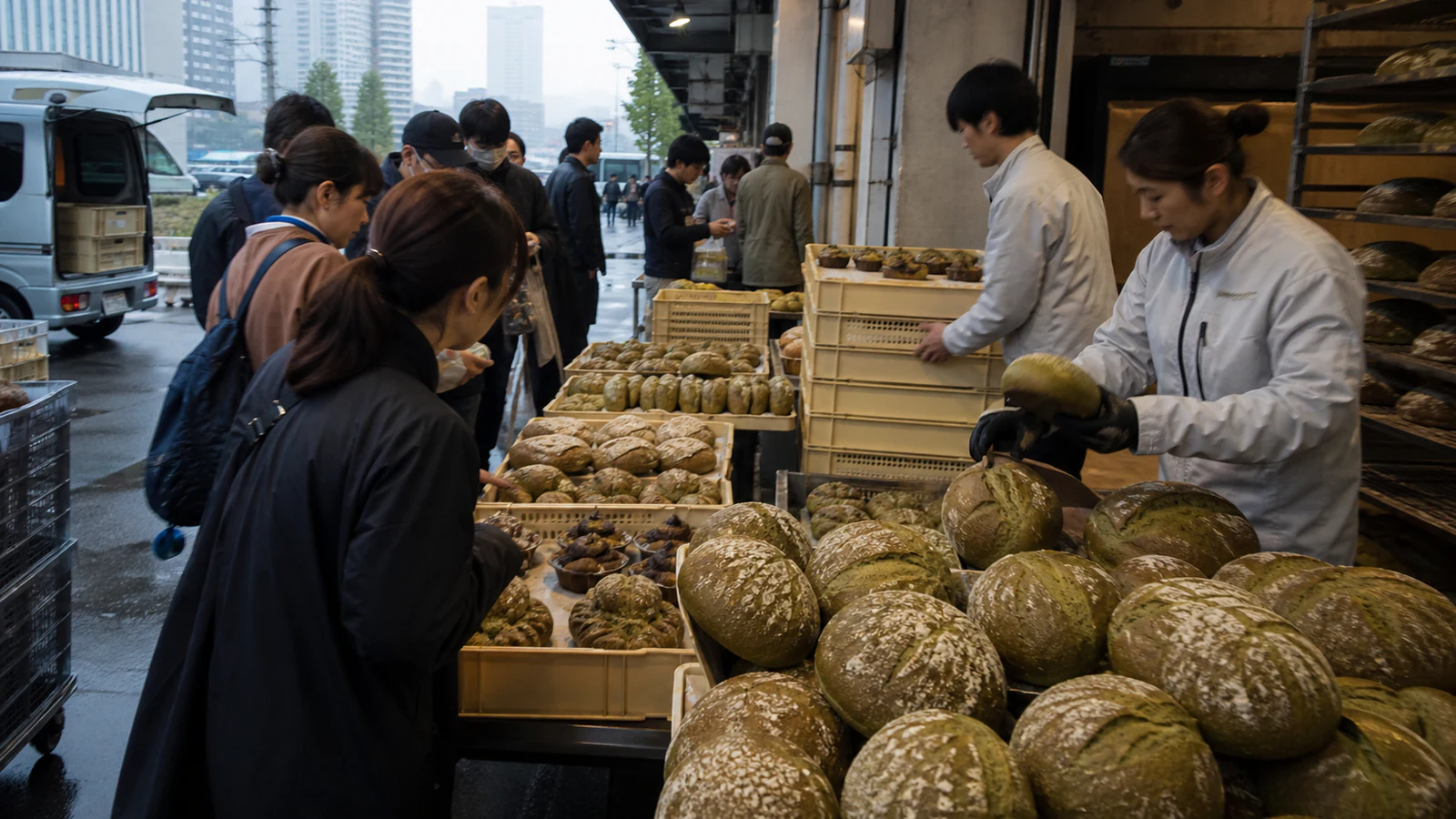 雨の朝の市場で、パンを選ぶ客と、店先でかごを並べる売り手