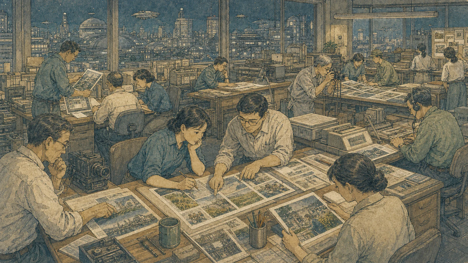 紙面を並べて確かめる100年後の編集室