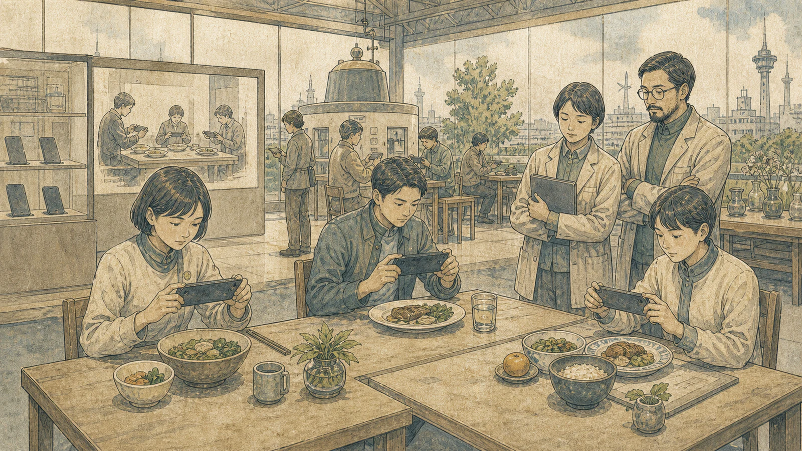 食事前に写真を撮る2020年代の習慣を再現する来館者