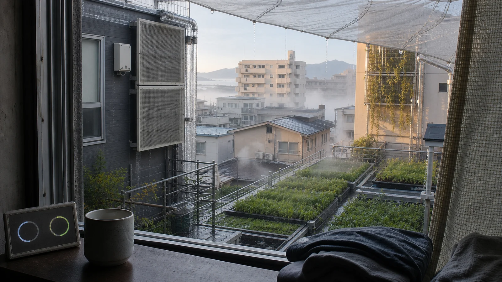 沿岸の住宅の窓から見える屋上農地と朝霧